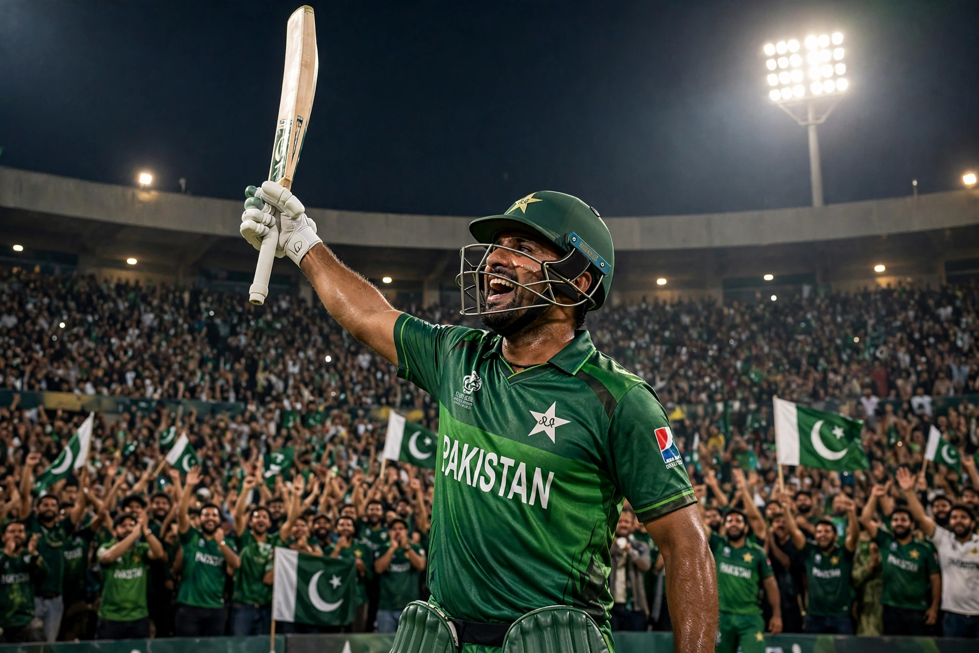 Pakistan batsman raises his bat to celebrate a century in the pak vs eng odi at Gaddafi Stadium in Lahore