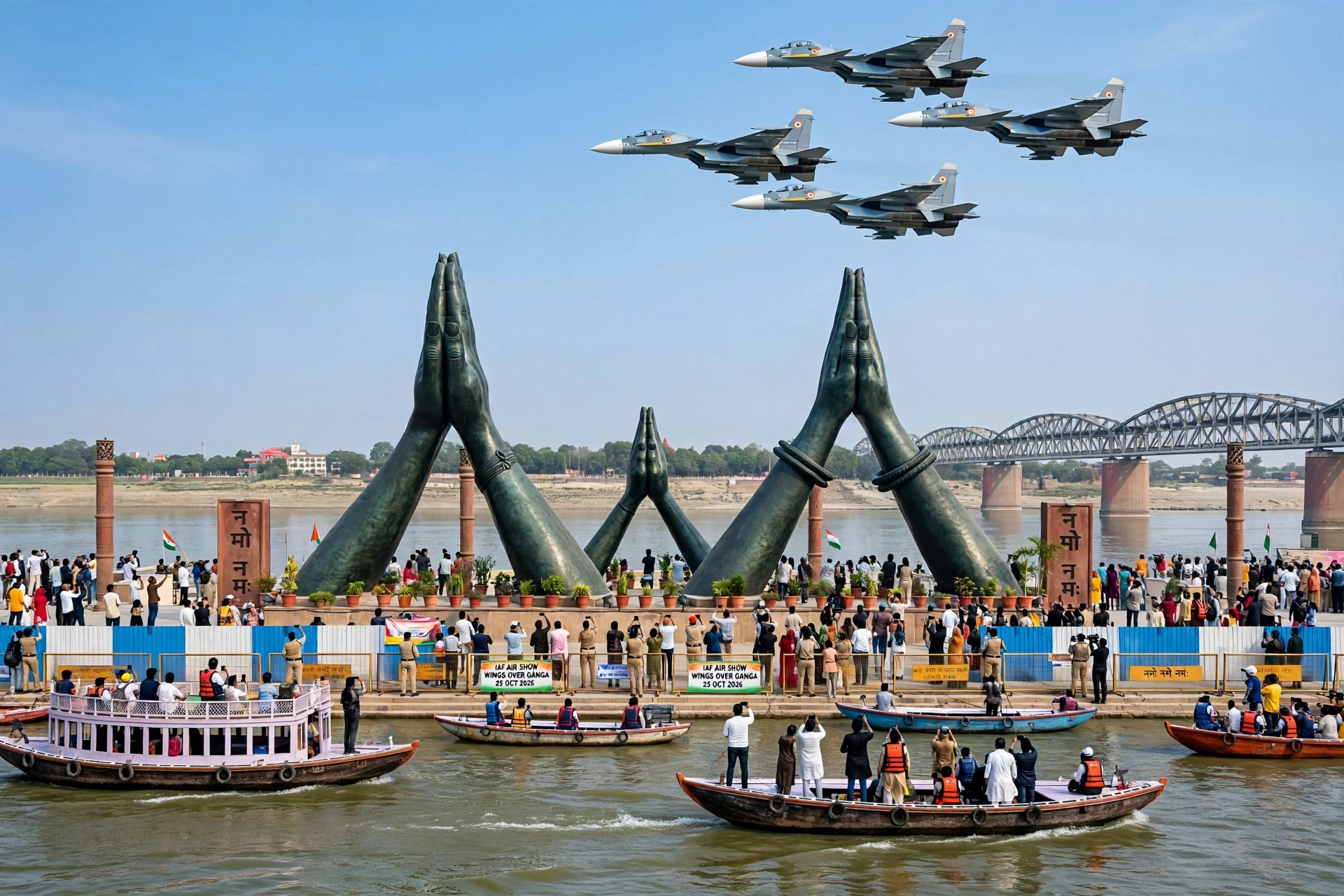 Indian Air Force jets fly in formation over the Ganga at Namo Ghat in Varanasi during the modi varanasi visit air show