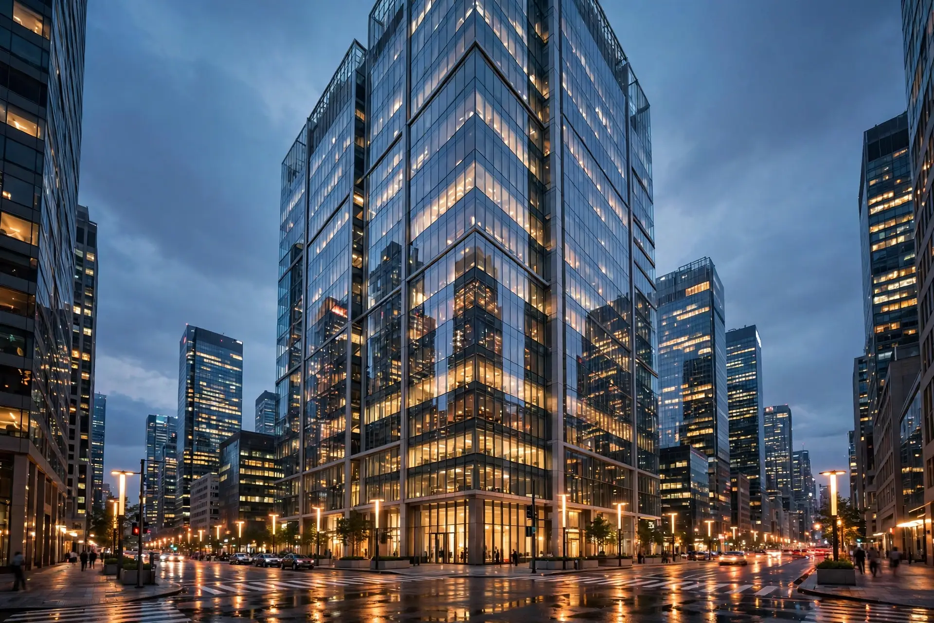 anthropic ipo glass office towers in a financial district at dusk