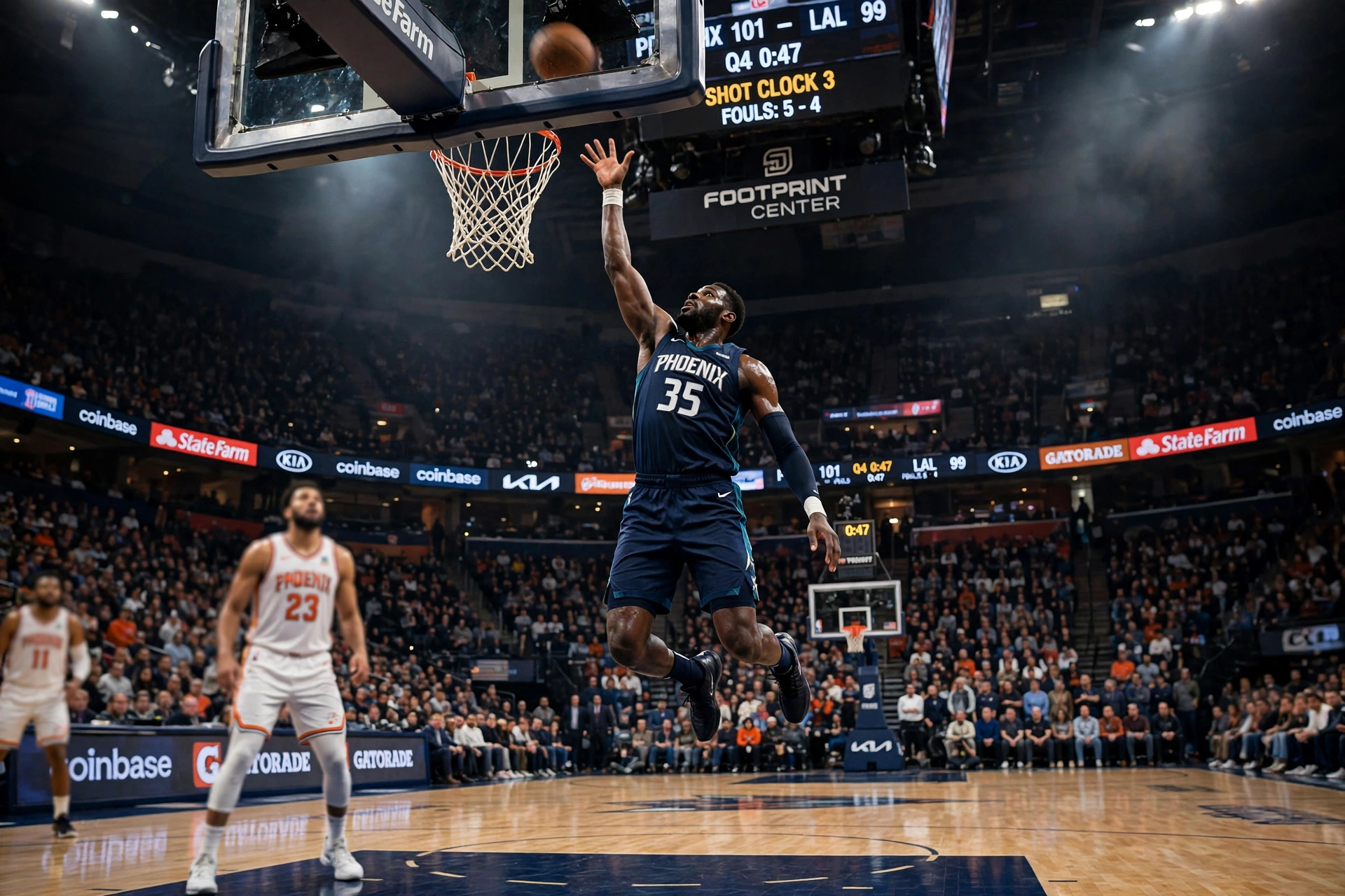 Basketball player leaps for a rebound in the Joel Embiid triple-double game
