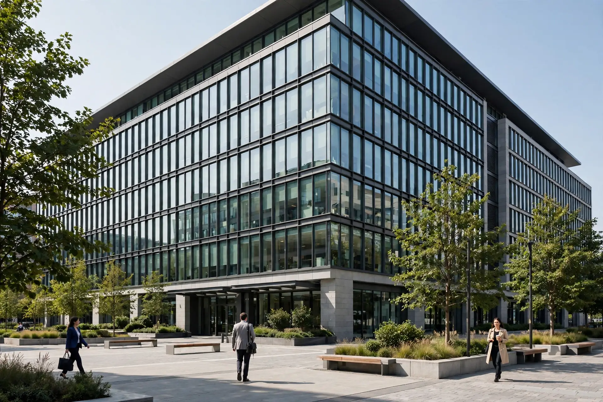 microsoft layoffs corporate office building with people walking