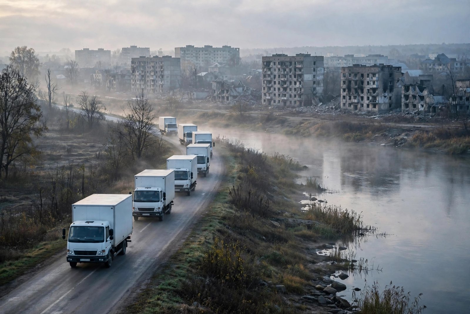 Melania Trump ceasefire: an aid convoy approaches a riverside town at dawn