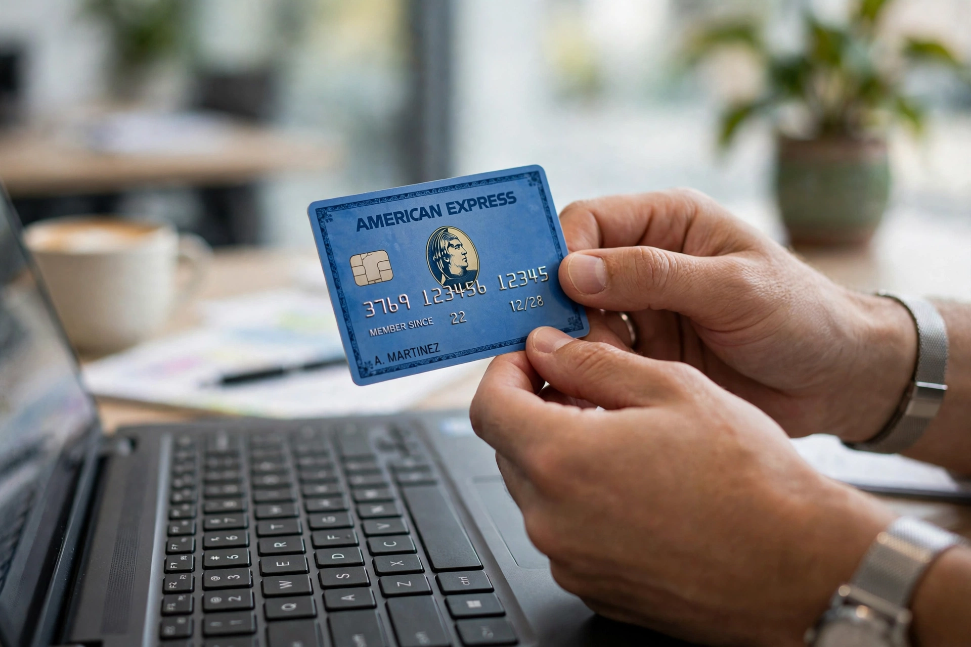 American Express job cuts - credit card on a laptop in an office