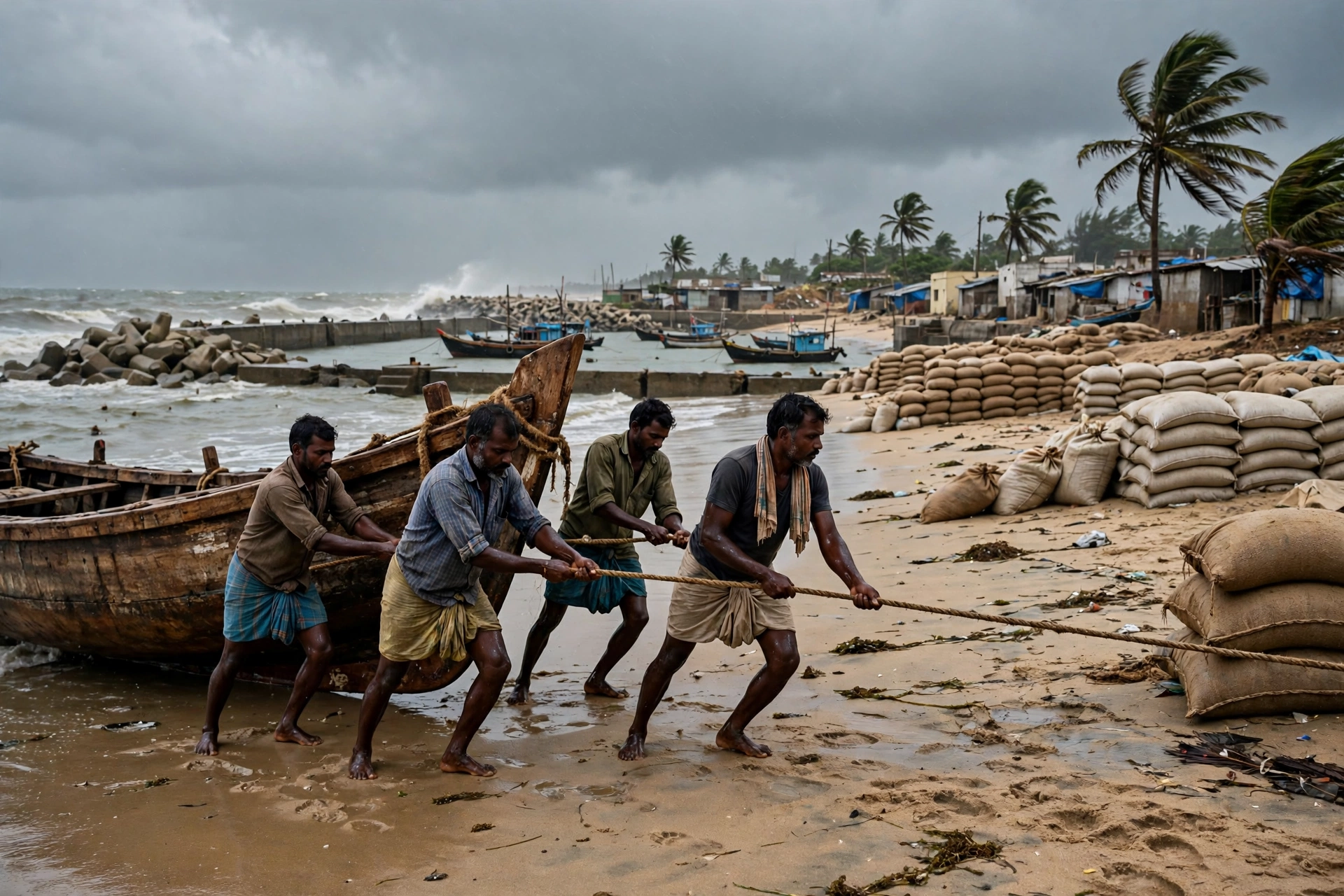 Fishermen pull boats ashore on the Odisha coast during the Odisha cyclone alert