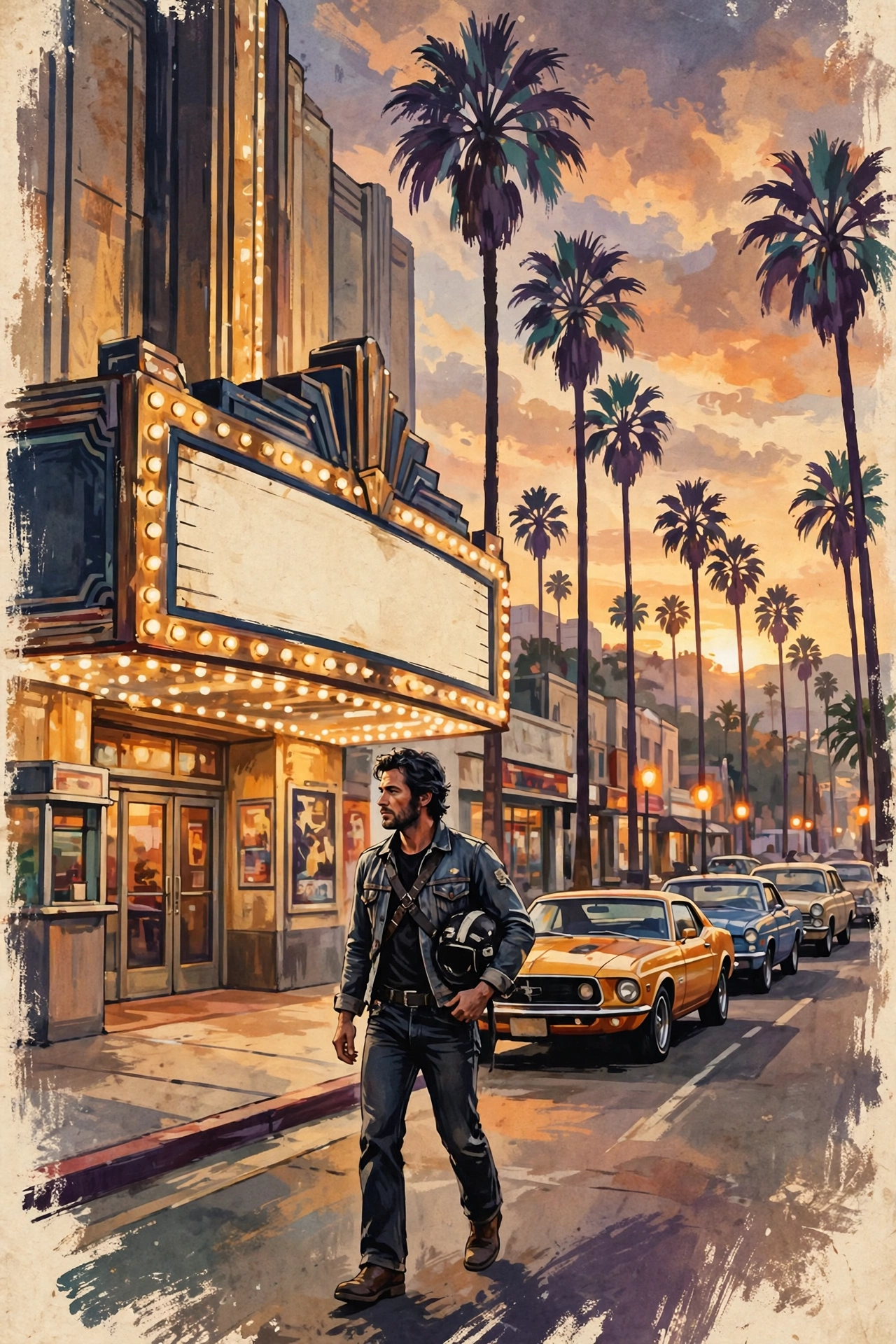Stylised 1970s Los Angeles cinema street scene for the Cliff Booth film