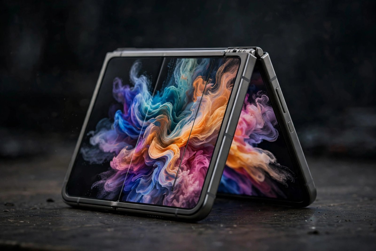 iPhone Duo foldable: Apple's first foldable phone half open on a desk