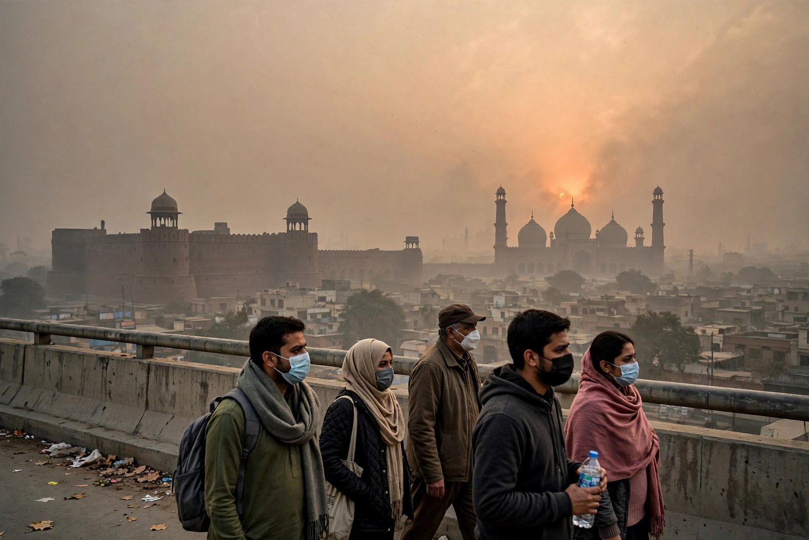 Lahore skyline covered in hazardous smog, Lahore Fort and Badshahi Mosque in the haze, people wearing masks