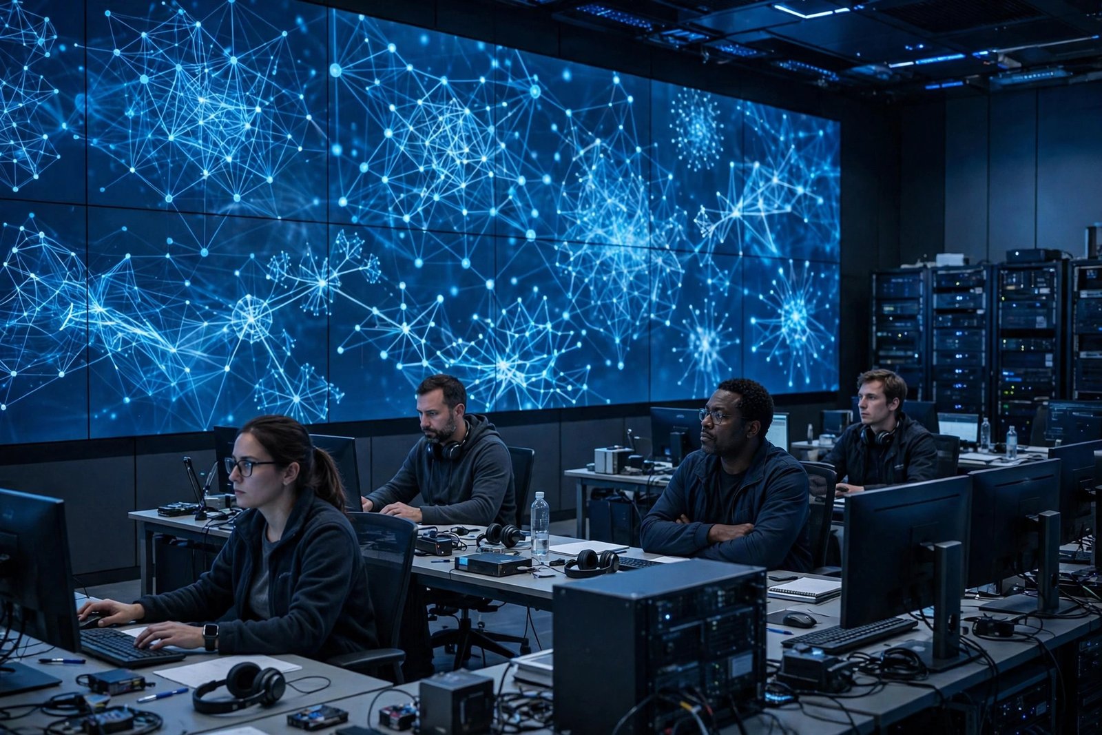 Sam Altman AI safety debate: engineers in an AI research control room