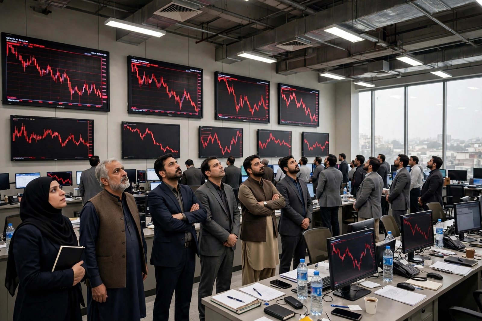 PSX Falls for Second Day as Middle East Fighting Pushes Oil Prices Higher 1 KSE-100 index: brokers watch red charts on the trading floor in Karachi