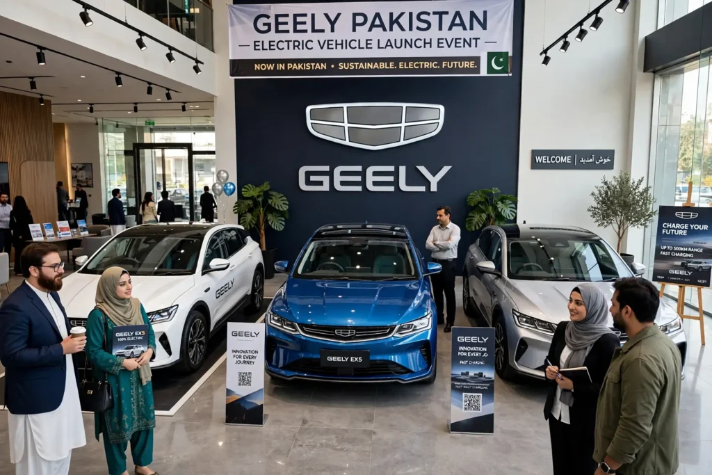 Geely cars launch in Pakistan with three electric models 1 Three Geely Pakistan cars on display at the launch event in Pakistan