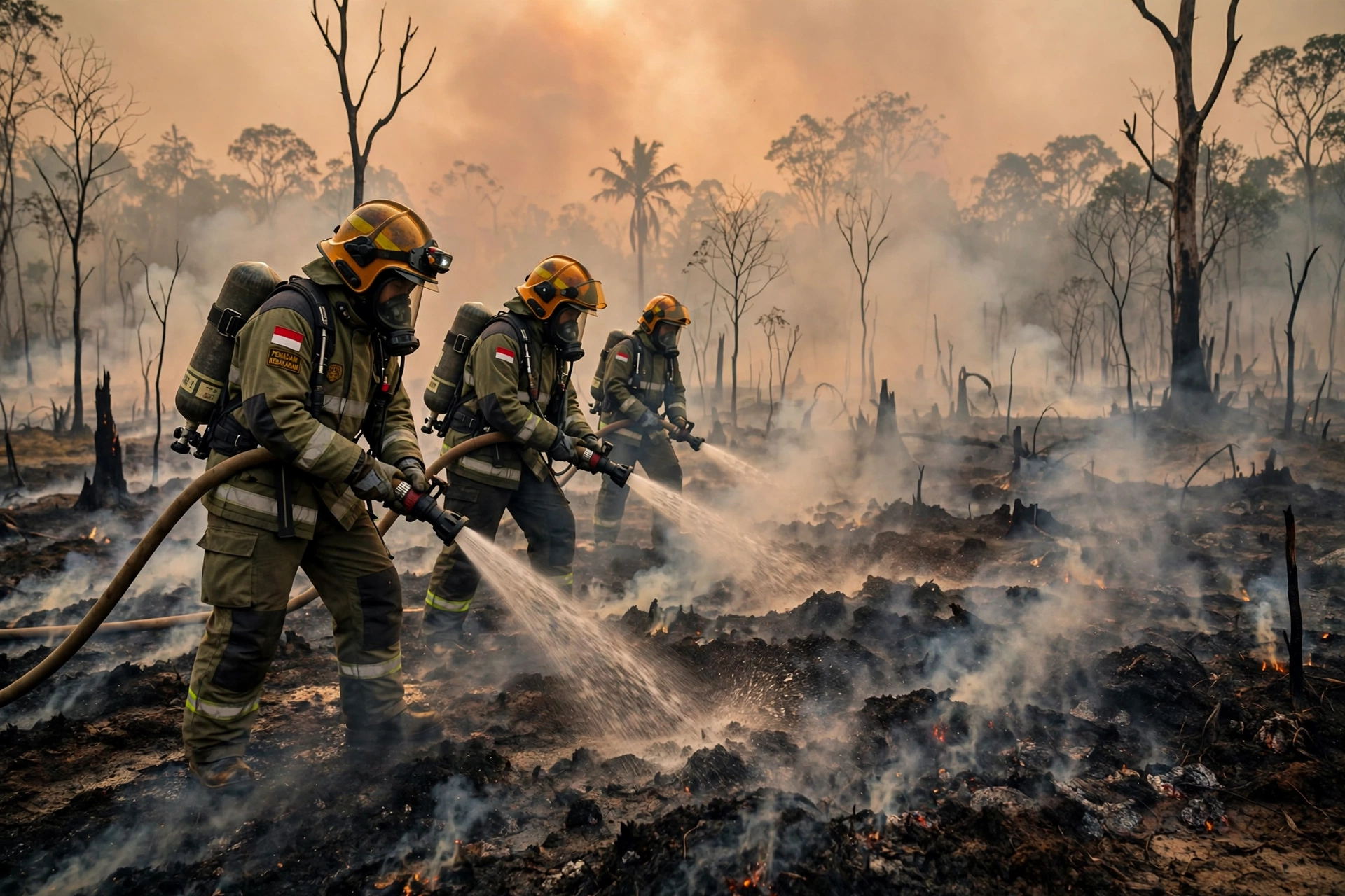 Firefighters spray water on smouldering Indonesian peat fires
