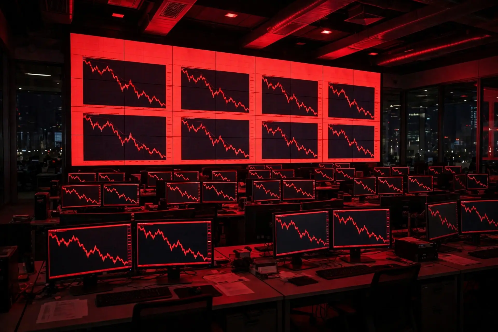 Stock market screens with falling red charts on a trading floor, showing the ai bubble debate in tech stocks