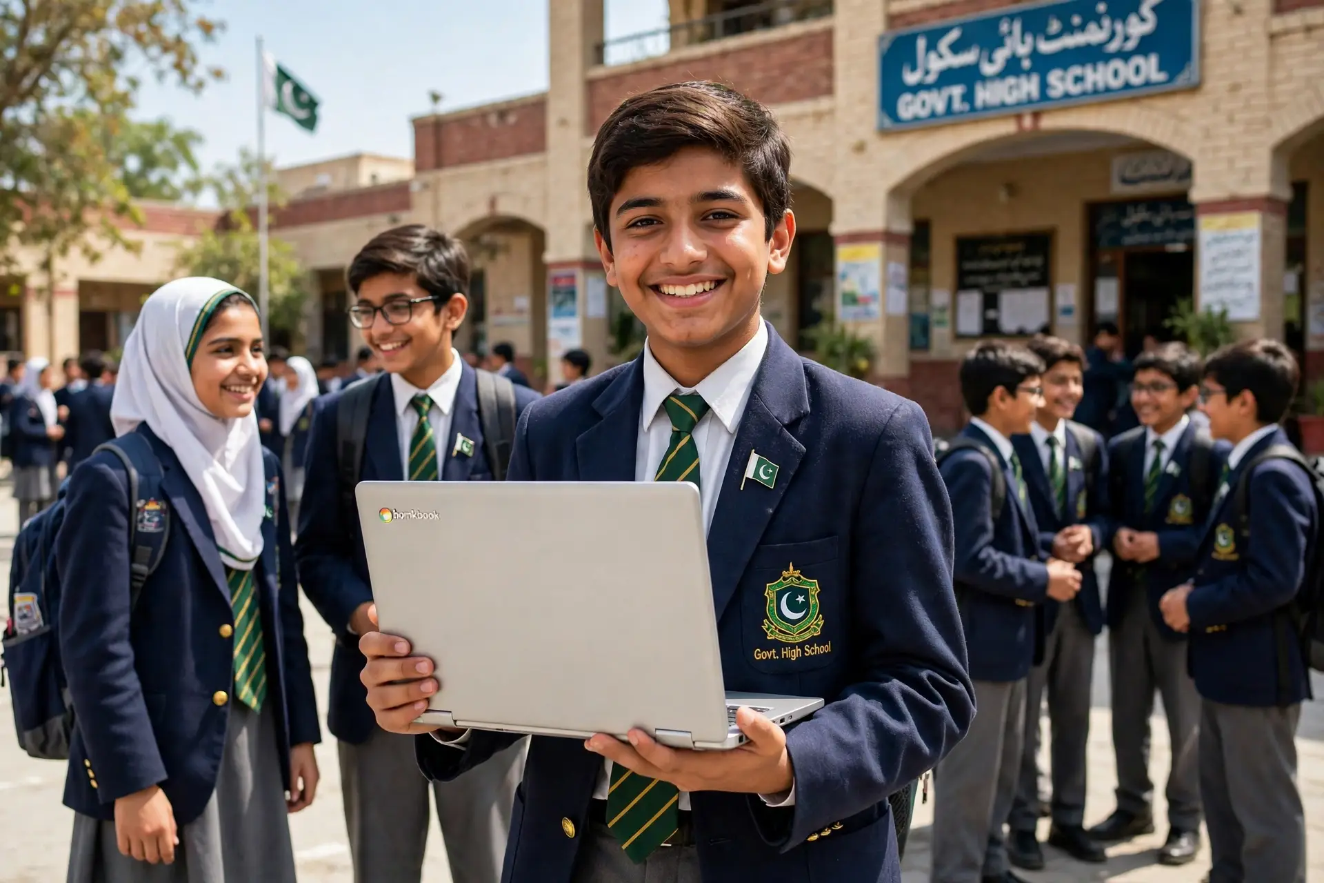 A student holding a new Chromebook under the Chromebook scheme 2026