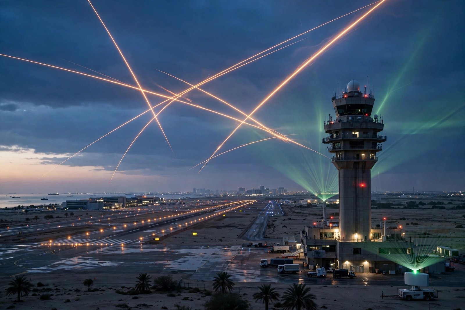 Saudi air defence intercepting drones in the night sky over the Eastern Province