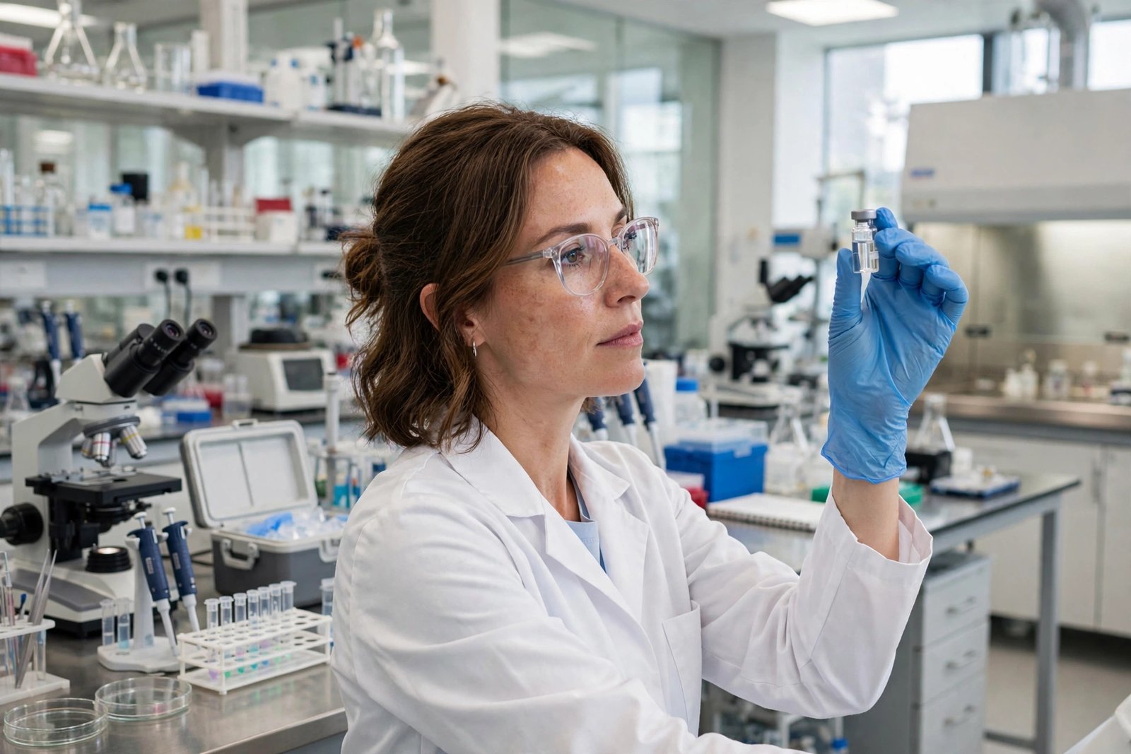personalised cancer vaccine: a scientist holds a vaccine vial in a lab