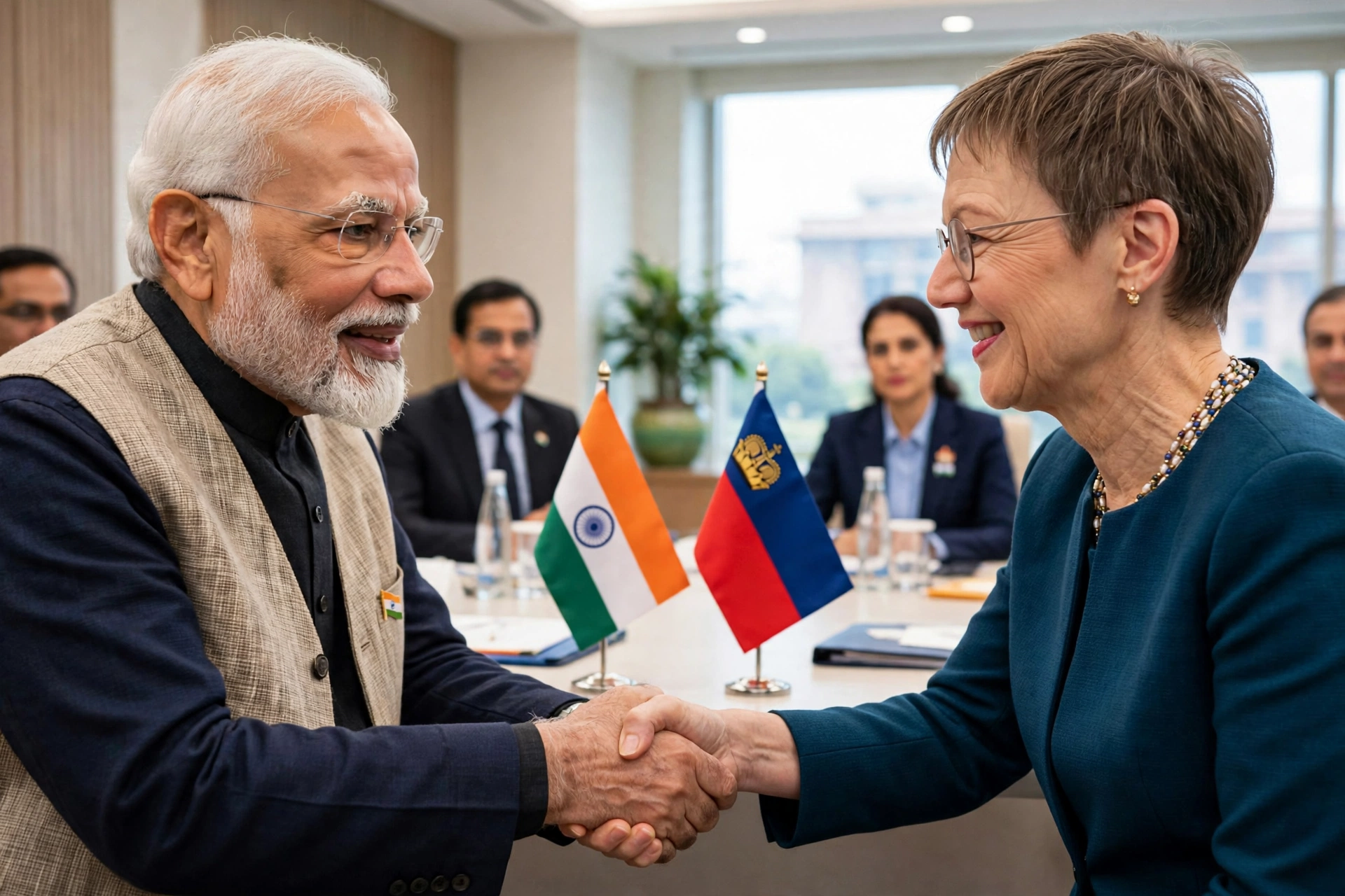Leaders shake hands at a bilateral meeting during the Prince Alois India visit