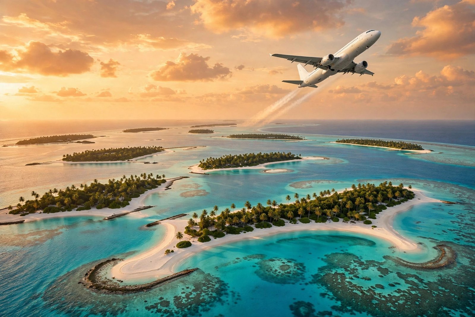 Passenger plane flying over turquoise Maldives islands, direct flights between Pakistan and the Maldives