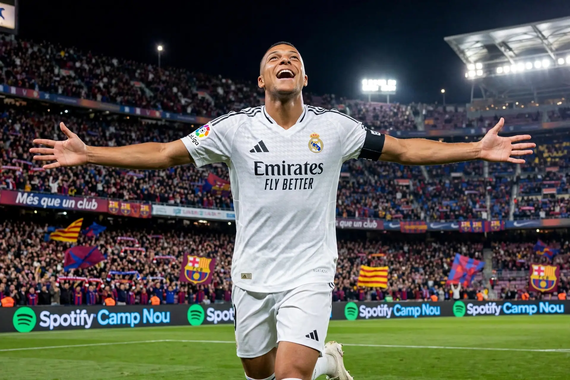 Kylian Mbappe celebrates during Barcelona vs Real Madrid at Camp Nou