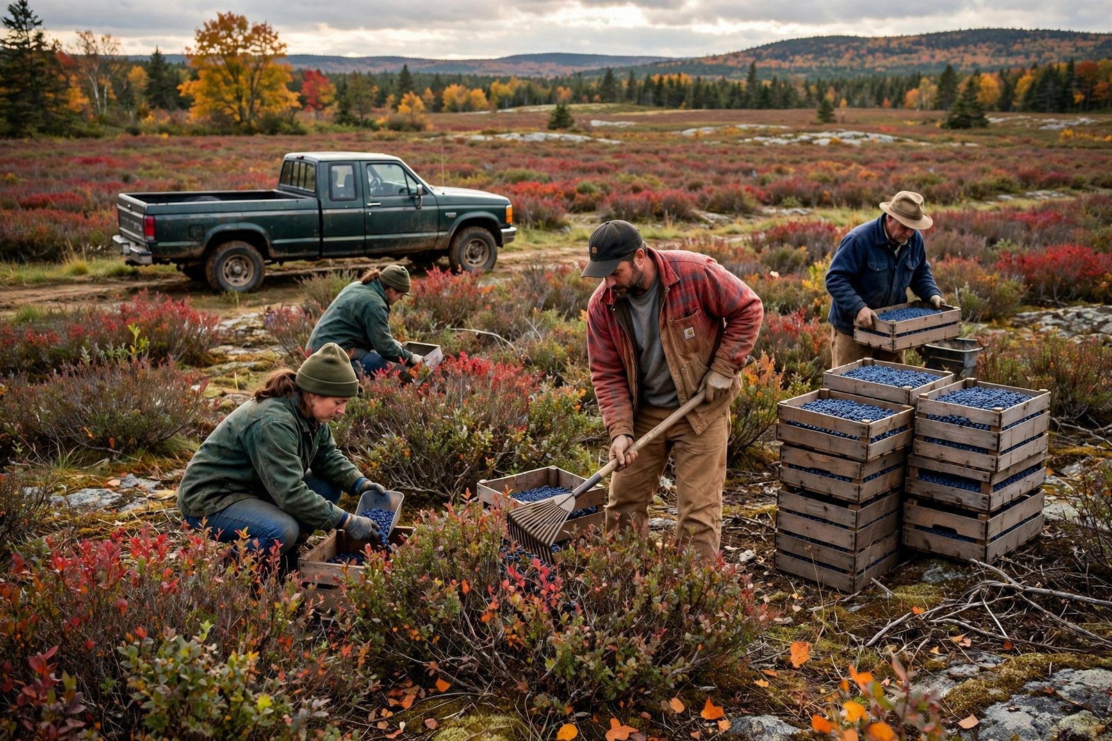 Canada tariffs lifted: workers harvest blueberries on a Maine farm