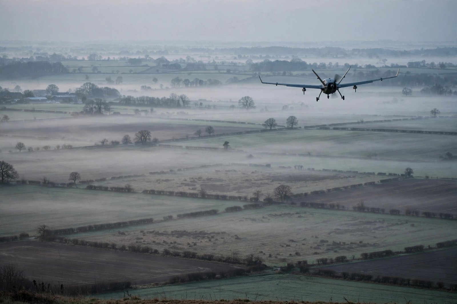 Starlink Ukraine restrictions: a military drone flies over farmland at dawn
