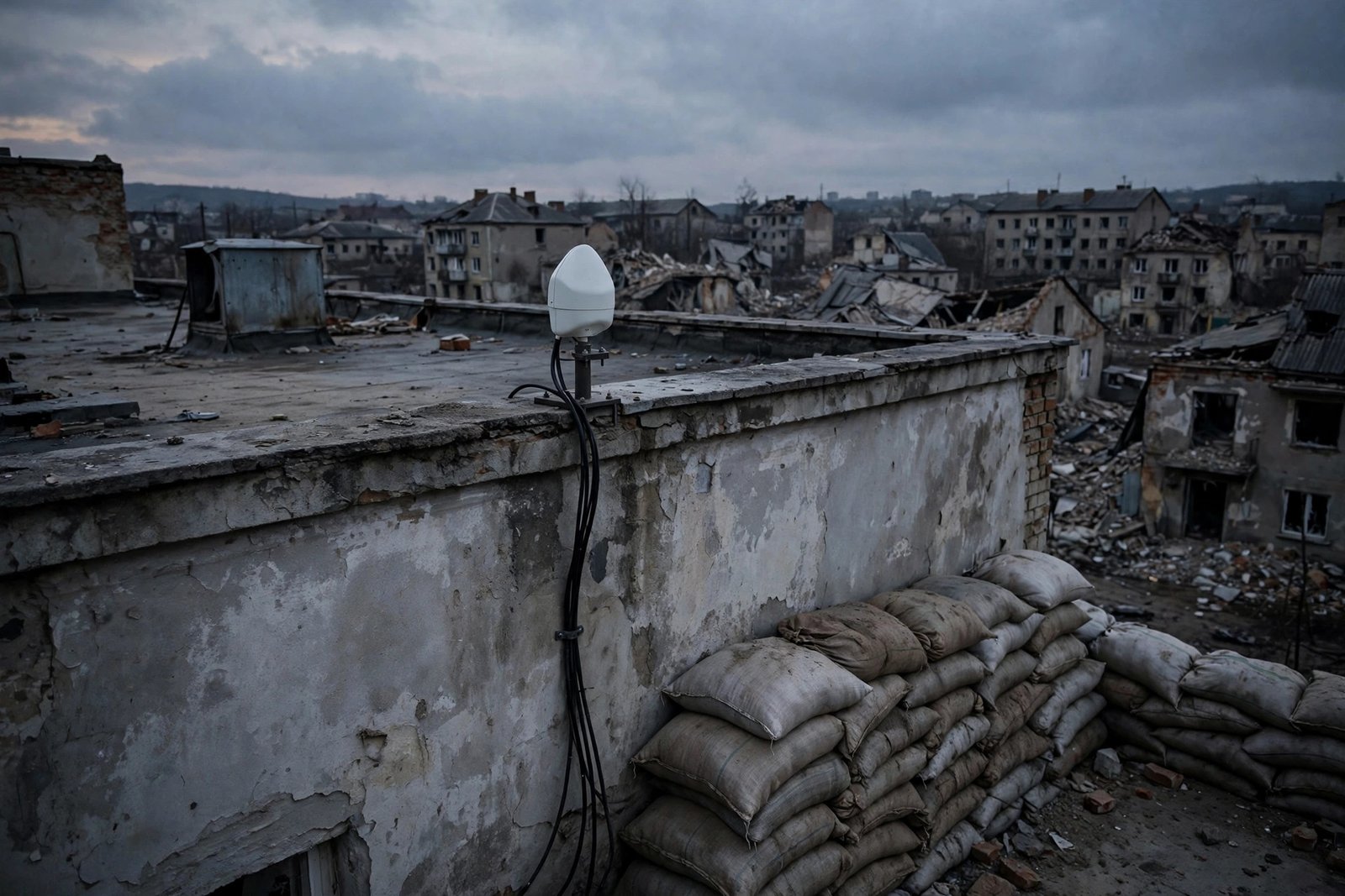 Starlink Ukraine restrictions: a satellite dish on a rooftop in a damaged town