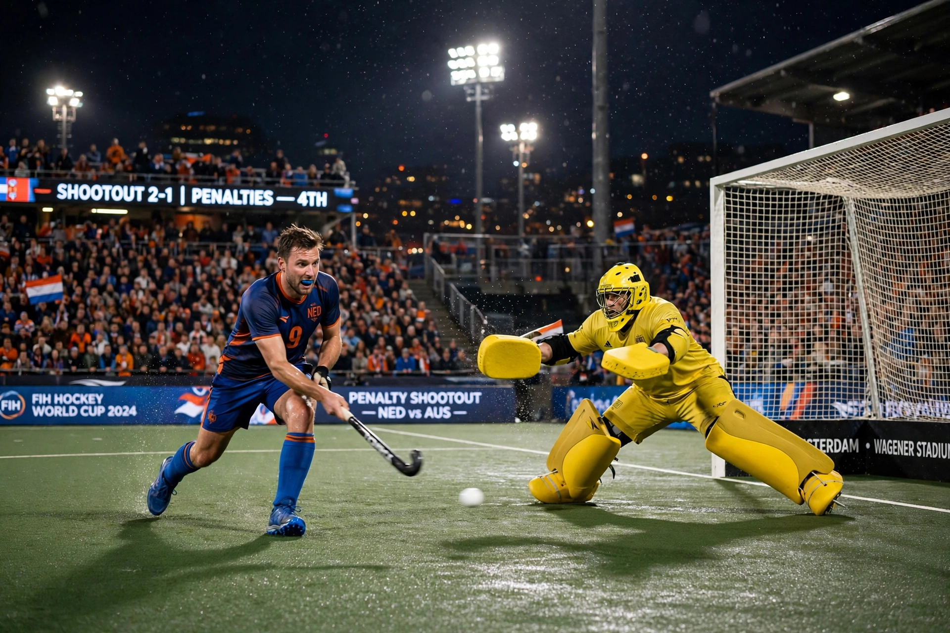 Hockey player takes a shot in the Sultan of Johor Cup final shootout